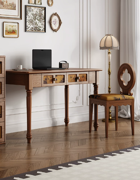 Office Furniture Set - ชุดโต๊ะทำงานที่บ้าน สไตล์วินเทจสุดหรู เฟอร์นิเจอร์ห้องทำงาน เก้าอี้หุ้มเบาะ โต๊ะเขียนหนังสือไม้ พร้อมลิ้นชัก