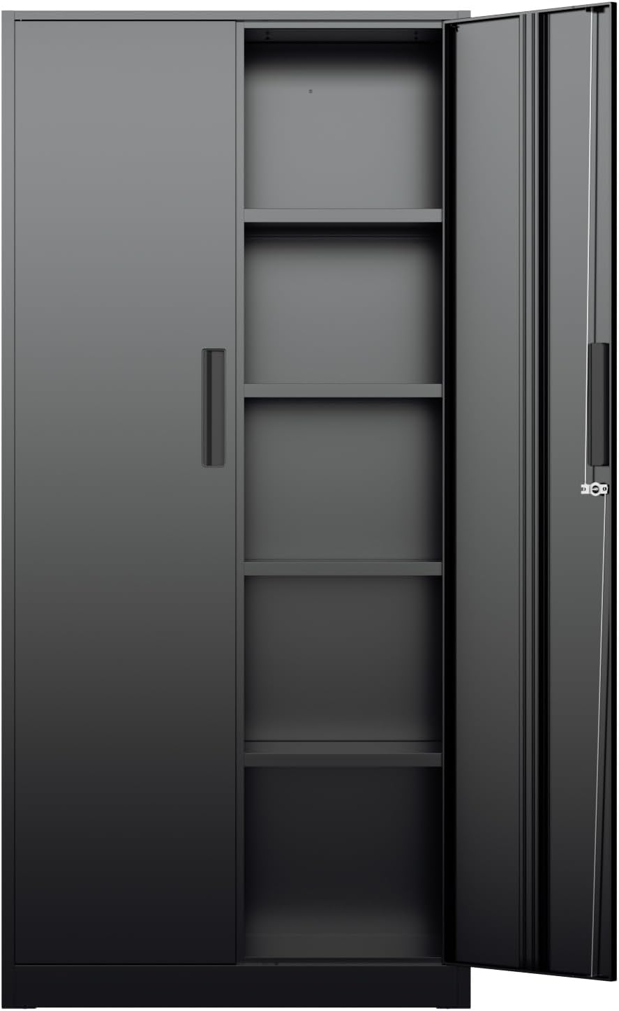 Office Furniture Home - ตู้เก็บของโลหะสูง, ตู้เก็บของอเนกประสงค์แบบมีล็อคพร้อมชั้นวางปรับระดับได้สี่ชั้น, ตู้เก็บของแบบตั้งพื้นสำหรับคลังสินค้า บ้าน และสำนักงาน, เฟอร์นิเจอร์สีดำทันสมัย