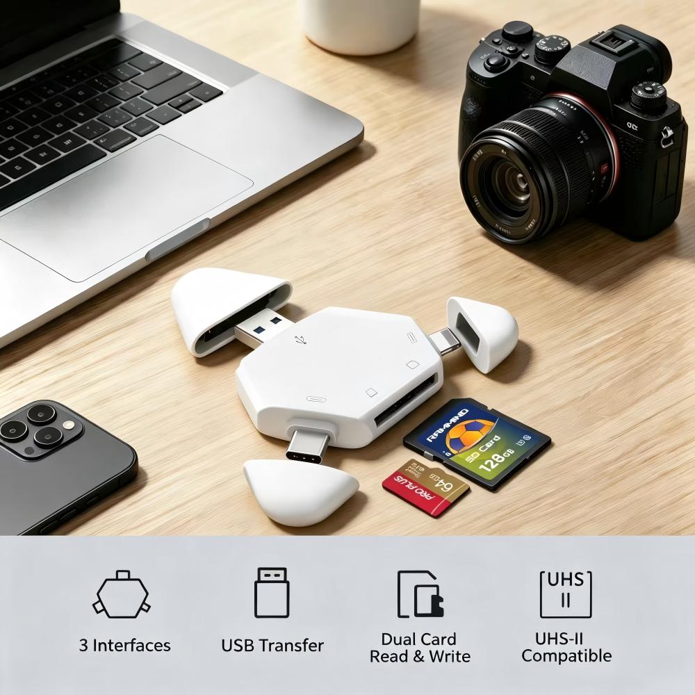 Adjustable Laptop Table - เครื่องอ่านการ์ดหน่วยความจำ 3 ใน 1 พร้อมฝาแม่เหล็กรูปสามเหลี่ยม USB-C